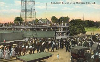 1910 Excursion Boat At Dock Crowd Young Boy Michigan City In Unposted Postcard