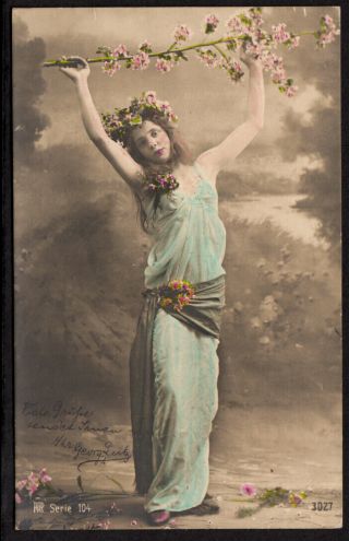 Sultry Half Nude Slinky Dress Woman Dances W Flowers 1920s Tinted Photo
