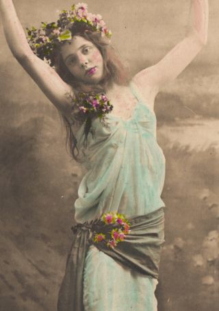 SULTRY HALF NUDE SLINKY DRESS WOMAN DANCES w FLOWERS 1920s TINTED PHOTO 2