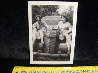Pretty Women Sexy Girls Sitting On Car Fender Legs Chrysler? Vintage 1930s Photo