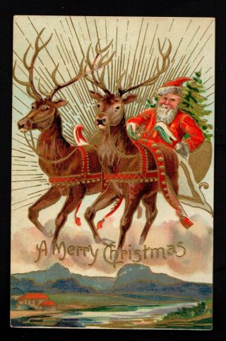 Vintage Christmas Postcard - Santa Sleigh And Reindeer