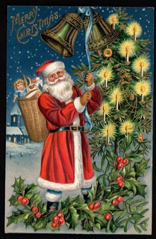 Vintage Christmas Postcard - Santa Ringing Bells