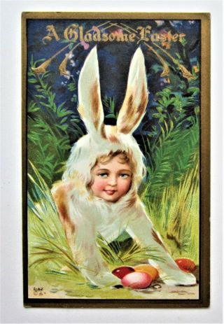 Easter Fantasy Sweet Girl In Bunny Rabbit Suit Embossed Gold Postcard