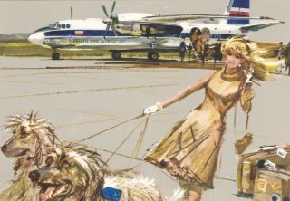 1960s Janusz Grabianski Polish Airlines An - 24 Girl W/ Dogs Pin - Up Old Postcard