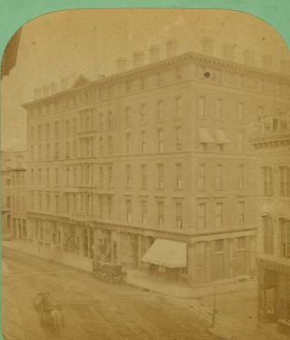 Stereoview of Falmouth Hotel,  Portland Oregon.  Shows front street scene. 3