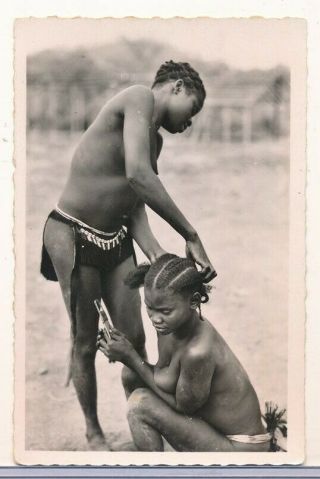 1940s Nude African Ethnographic Real Photo Postcard Two Ubangi Girls