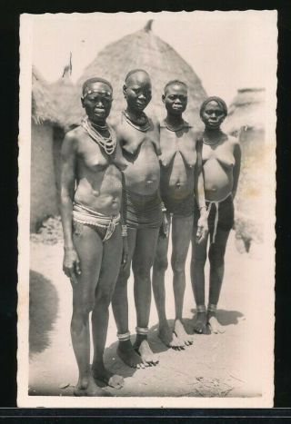 1940s Orig.  Nude African Ethnographic Real Photo Postcard Ubangi Village Women