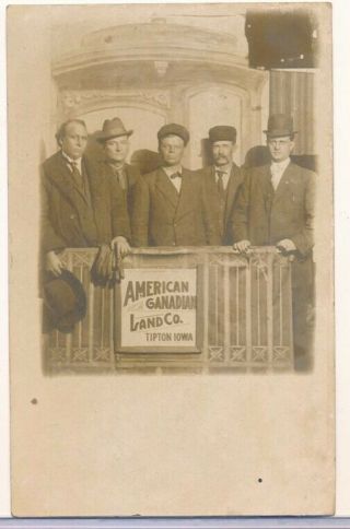 1910s Real Photo Postcard American Canadian Land Co.  Men On Caboose Tipton,  Iowa
