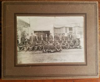 Antique Wwi Photo Of A Large Group Of Soldiers W/ Bugle Railroad Poster In Back