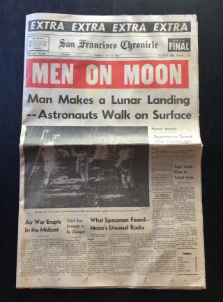 Men On Moon San Francisco Chronicle,  July 21,  1969 Newspaper Apollo Landing