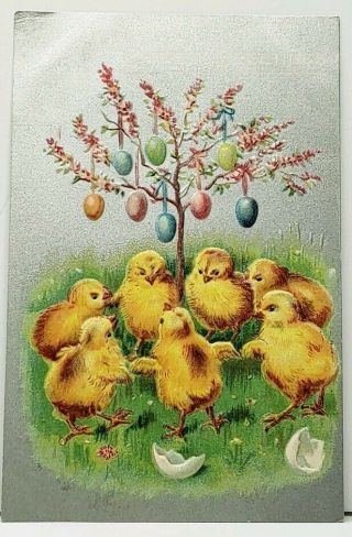 Easter Greetings Dancing Baby Chicks With Colored Egg Tree Embossed Postcard I4