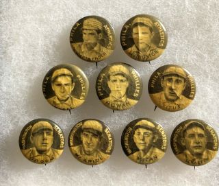 Sweet Caporal Baseball 9 Buttons With Crazing For Phila.  Athletics,  Phillies,  Wa