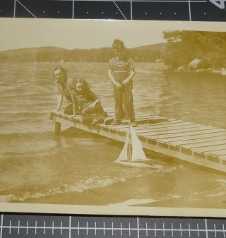 Caroga Lake NY 1930 ' s Boy w/ SAIL BOAT TOY Girl DOCK Ship Vintage PHOTO 2