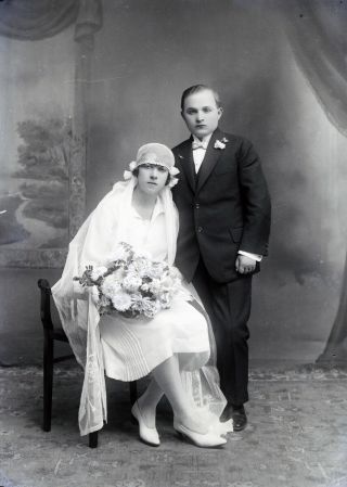 Vintage Glass Photo Negative Wedding Picture Antique 1920’s 16x12 Cm Hungary