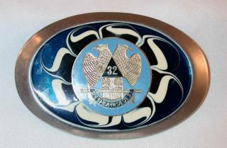 Vintage Enameled Steel Belt Buckle Scottish Rite Of Freemasonry Logo Cobalt Blue