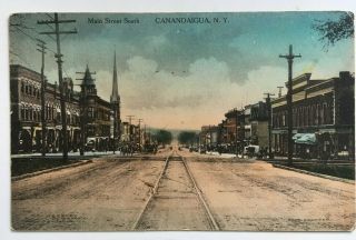 1911 Ny Postcard Canandaigua York Main Street South Tracks Stores Buildings