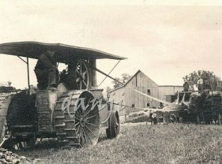 Antique Steam Engine Tractor With Pulley Loading Hay On Wagons Old Farm Photo