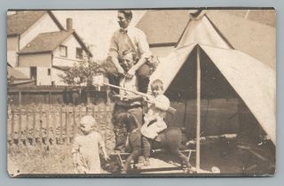 Tent Family—boy On Wooden Rocking Horse W Toy Rifle Rppc Antique Photo 1910s