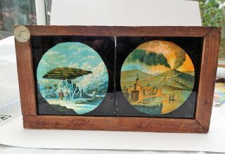 Glass Magic Lantern Slides Victorian Paintings 2 In Frame.  Glacier Tables/etna