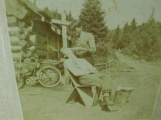 19thc VICTORIAN Era PHOTO of BARBER SHAVING a MAN in OUTDOOR CAMP SCENE 2