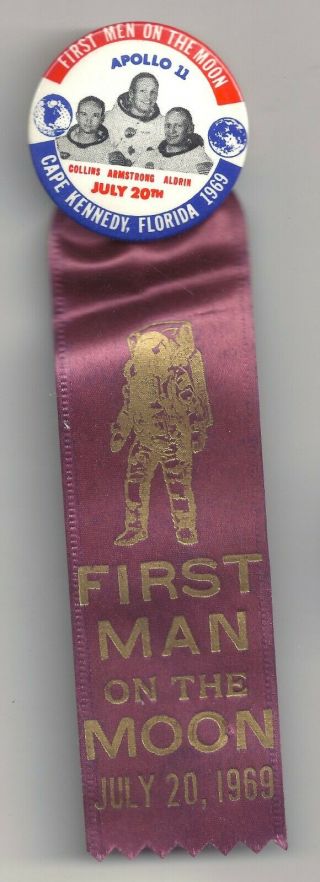 1969 First Men On The Moon Pin & Ribbon Apollo 11 Cape Kennedy Florida