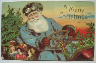 Santa Claus In Blue Suit Driving Auto Car Old 1910s Postcard; Made In Germany