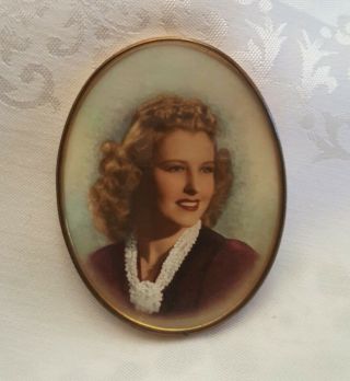 Vintage Convex Glass Photo Frame With Picture Of A Lady.