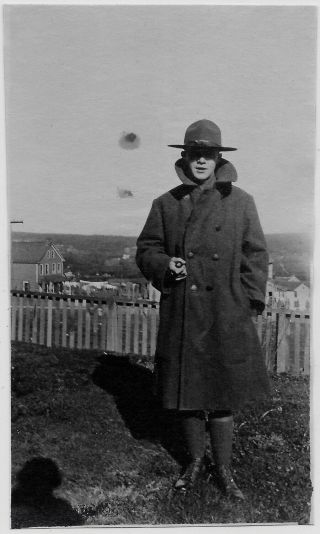 Old Photo Man Us Soldier Wearing Coat And Hat Holding Pipe In Backyard 1920s