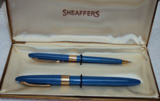 Sheaffer White Dot Fountain Pen & Pencil Set 14k Gold Nib Mib Blue
