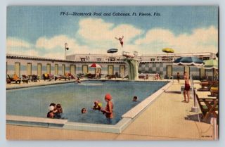 Vtg Postcard Fl Fort Pierce Shamrock Pool Cabanas Hotel Linen 1940s Unposted