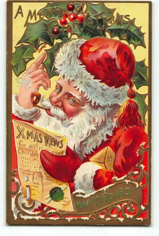 Christmas Embossed Gold Enhanced Postcard 1907 - 1915 Santa Claus Smoking Pipe