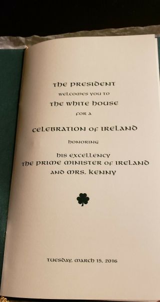 2018 President Barack Obama ' s WHITE House Celebration of Ireland Dinner Program 2