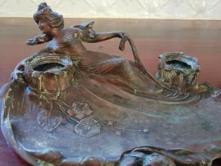 Antique Antonin Barthelemy French Art Nouveau Lady Bronze Inkwell Signed C1915
