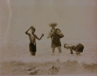 2 Vintage Old 1924 Photos of a Man & Two Boys Clam Digging in Ocean Pismo Beach 3
