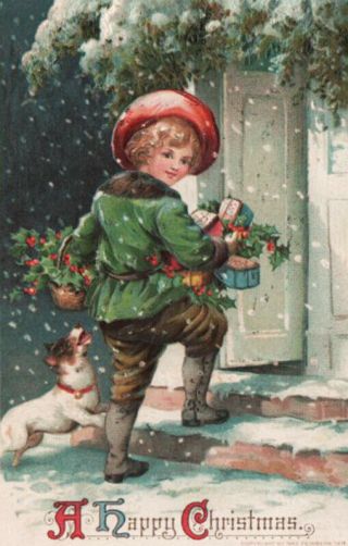 Very Cute Boy & Puppy Dog Arrive W/ Christmas Gifts & Holly Embossed 1911 Pc
