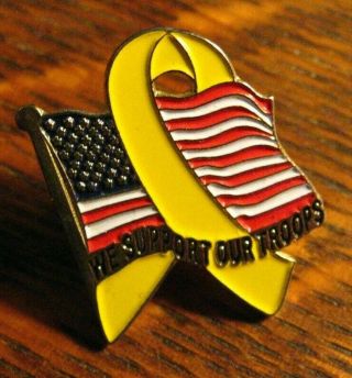 American Flag Yellow Ribbon Lapel Pin - Vintage We Support Our Troops Military