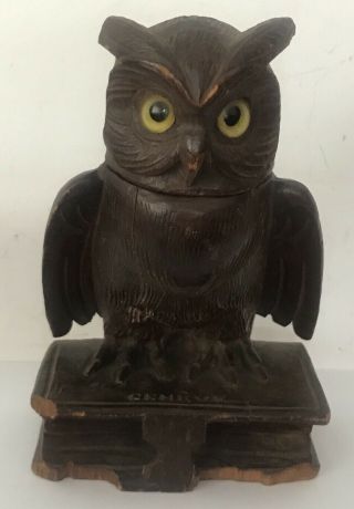 Antique Black Forest Owl Figurine With Glass Eyes Inkwell - Geneve 1900