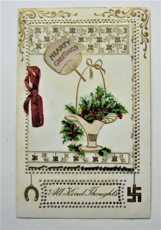 Good Luck Swastika Booklet Silver Gold Christmas Ribbon Novelty Mop Postcard