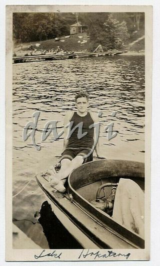Swimsuit Man W Feet In Camera On Edge Of Boat On Lake Hopatcong In Nj Old Photo