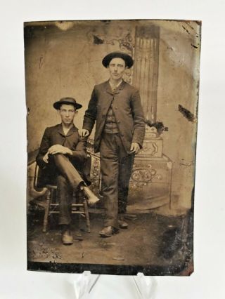 Early Tintype Photo 2 Affectionate Men Fellows Touching Shoulder Gay Interest
