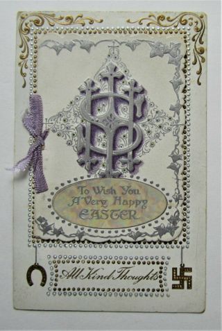 Good Luck Swastika Booklet Silver Gold Easter Ribbon Novelty Mop Postcard