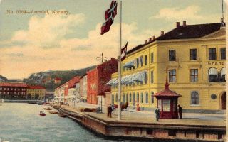 Arendal Norway Grand Hotel On Waterfront Kiosk Grandgården Langbryggen 1910 Pc