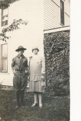 A6 Vintage Snapshot Photo 3x4 Boy Scout In Uniform Flapper Girl Mom 1920 