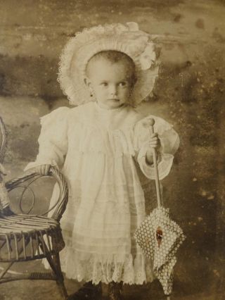 Antique Cabinet Card Old Photo C1890s Cute Little Girl Hat Parasol Doll On Chair