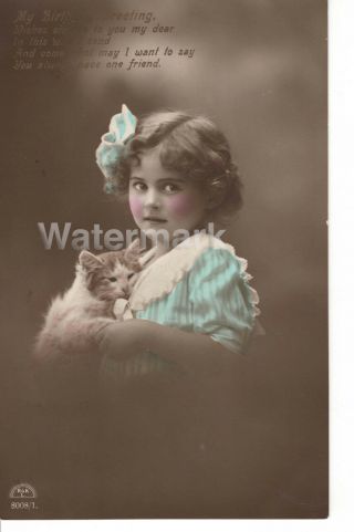 Edwardian Girl And White Kitty Cat Real Photo Postcard Circa 1910 Birthday