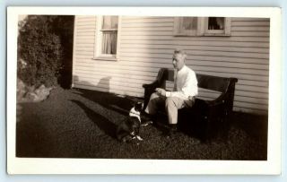 Vintage Photo Boston Terrier Dog Watches Smoking Man Sitting On Bench Shadows