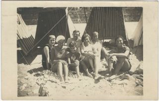 1930 Women At The Beach With Tents Vintage Real Photo Postcard