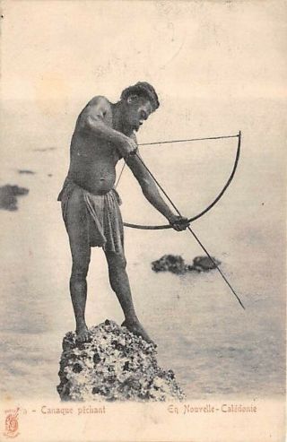 Caledonia Native - Kanak - Man Fishing With Bow & Arrow C.  1902