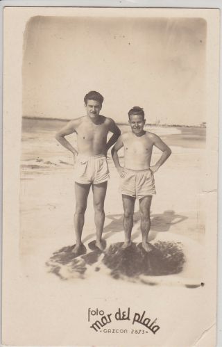 Mar Del Plata,  Argentina.  Handsome Men.  2 Vintage Photographs 3.  5 " X 5.  5 "