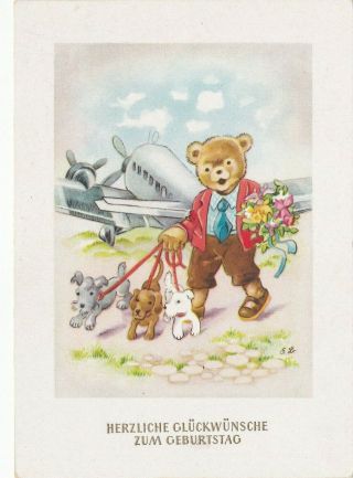 1950s Kurt Brandes Teddy Bear W/ Dogs In Airport Plane Old German Postcard
